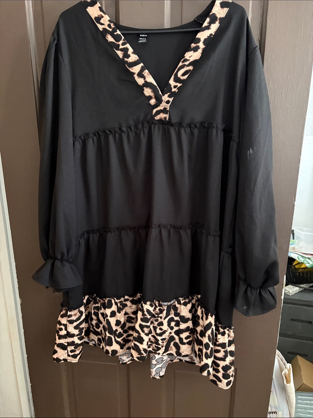 SHEIN Black Tiered Mini Dress with Leopard Trim